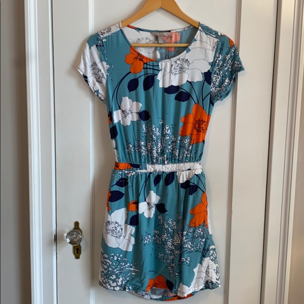 Banana Republic Teal Floral Dress with Orange and White Accents